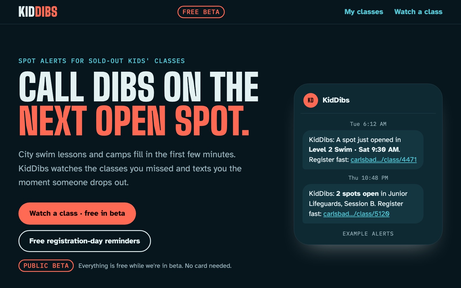 KidDibs — text alerts when a spot opens in a sold-out kids' class