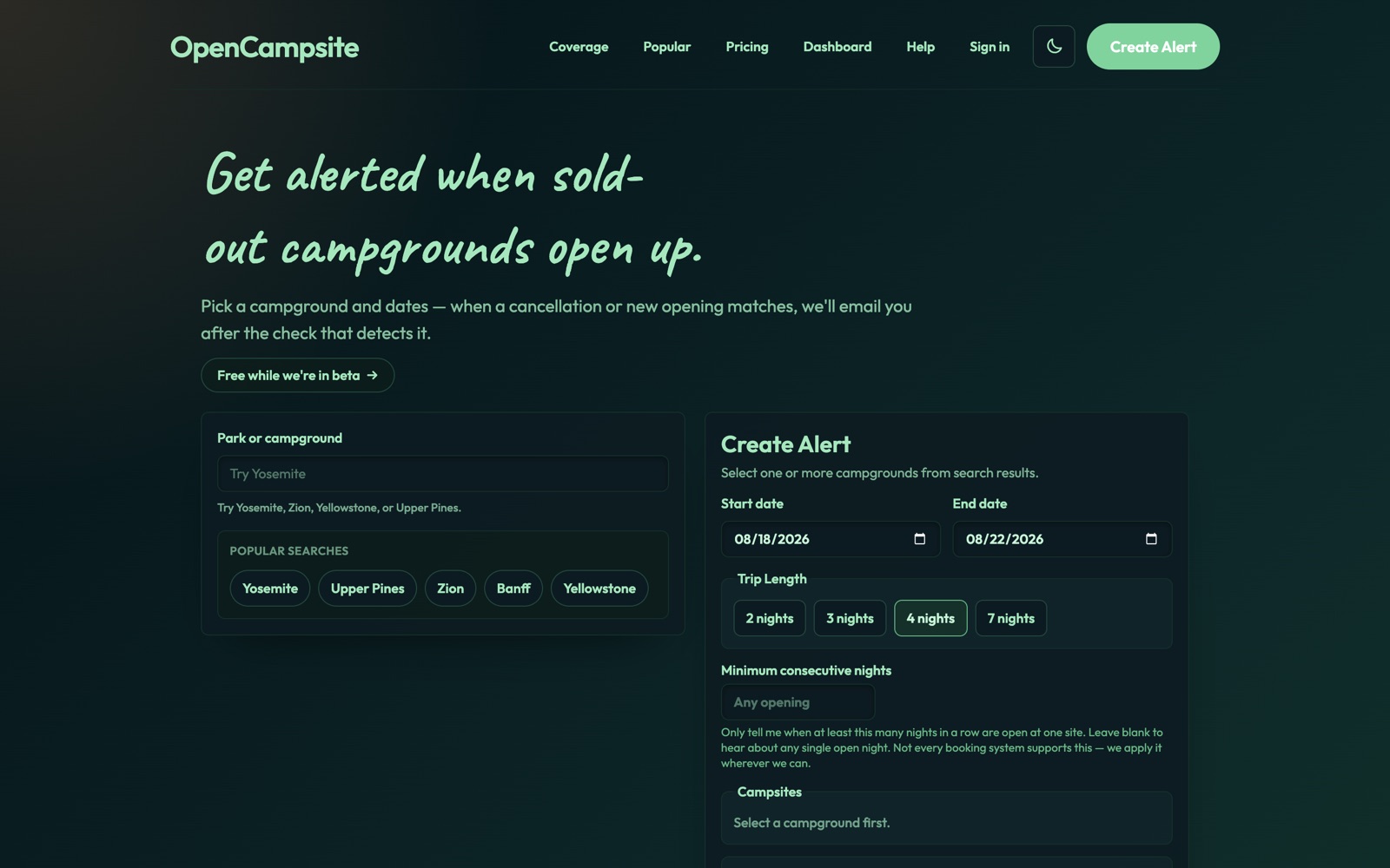 OpenCampsite — create a campsite availability alert